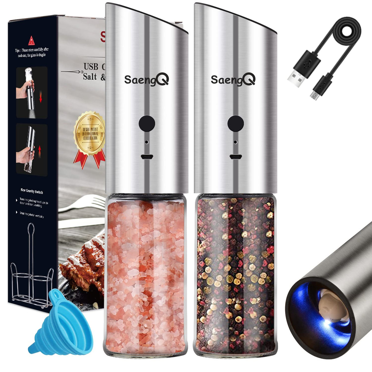 SaengQ electric grinder with glass container for premium, odor-free seasoning
