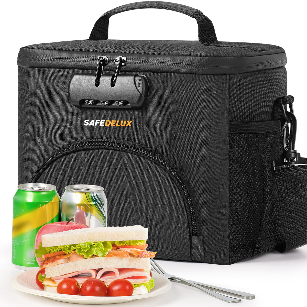 SafeDelux lunch bag closeup showing the combination lock for secure transport
