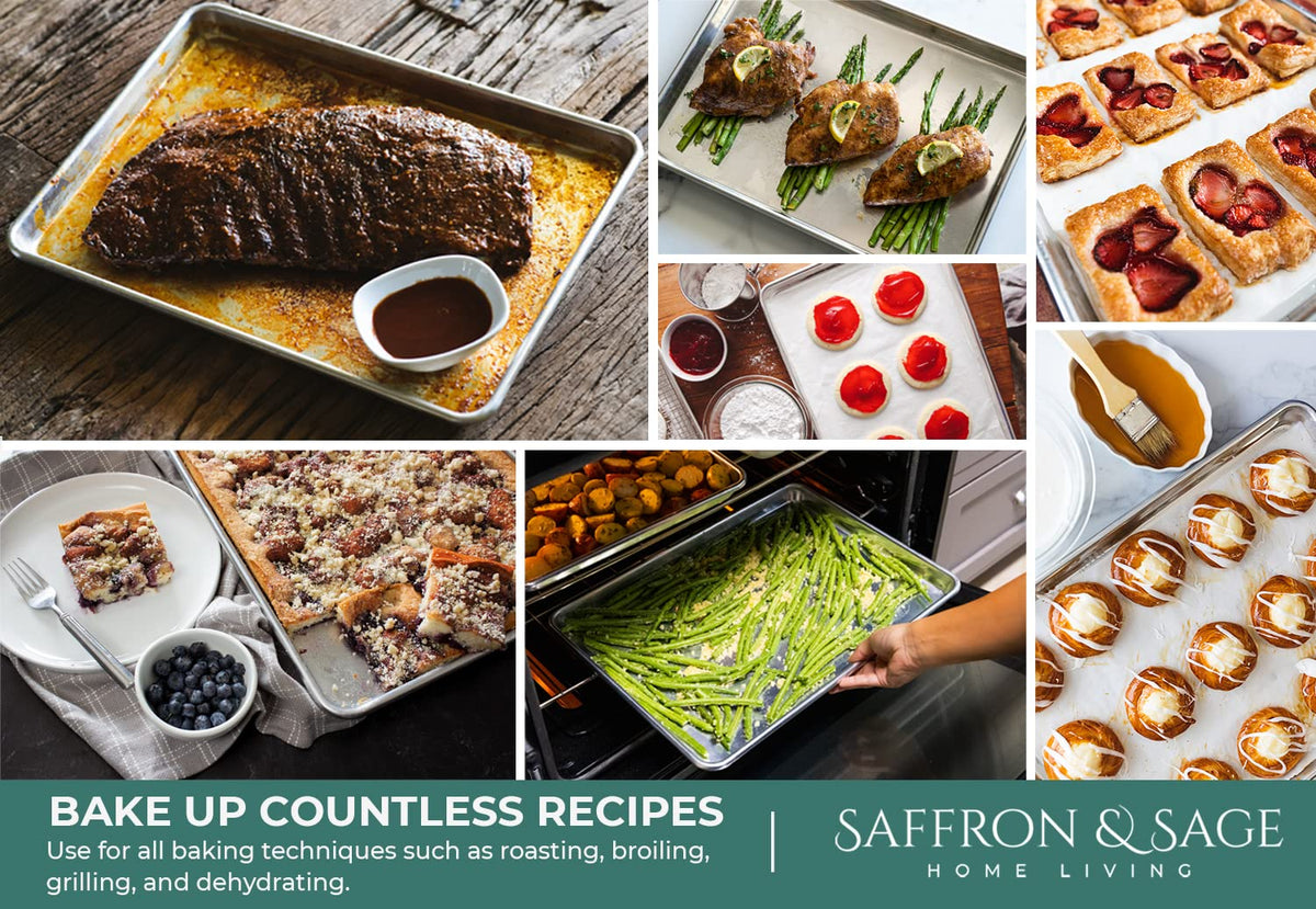 Saffron & Sage aluminum half-sheet pan 18x13 with even heat distribution for crisp cookies.