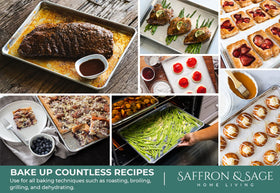 Saffron & Sage aluminum half-sheet pan 18x13 with even heat distribution for crisp cookies.
