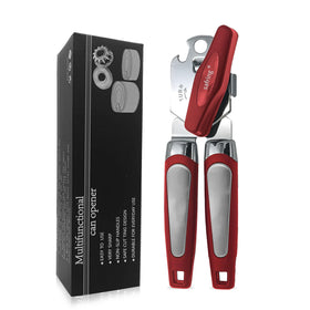 Safring red ergonomic-handle can opener for comfortable grip during cooking.