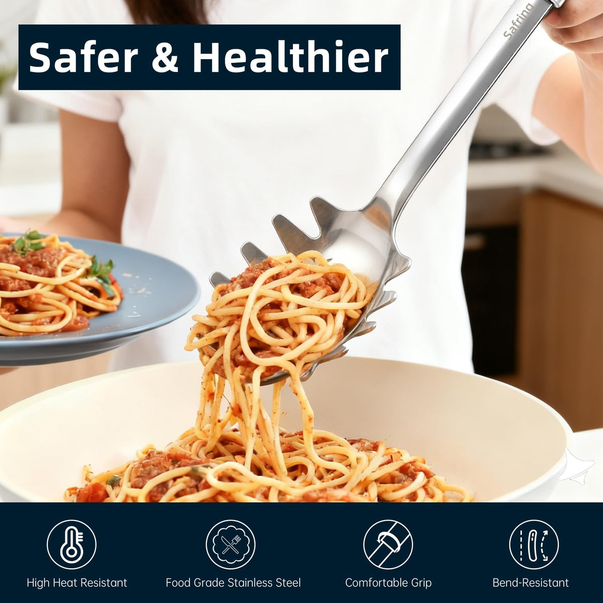 Safring ergonomic rubber handle provides comfortable grip and heat resistance