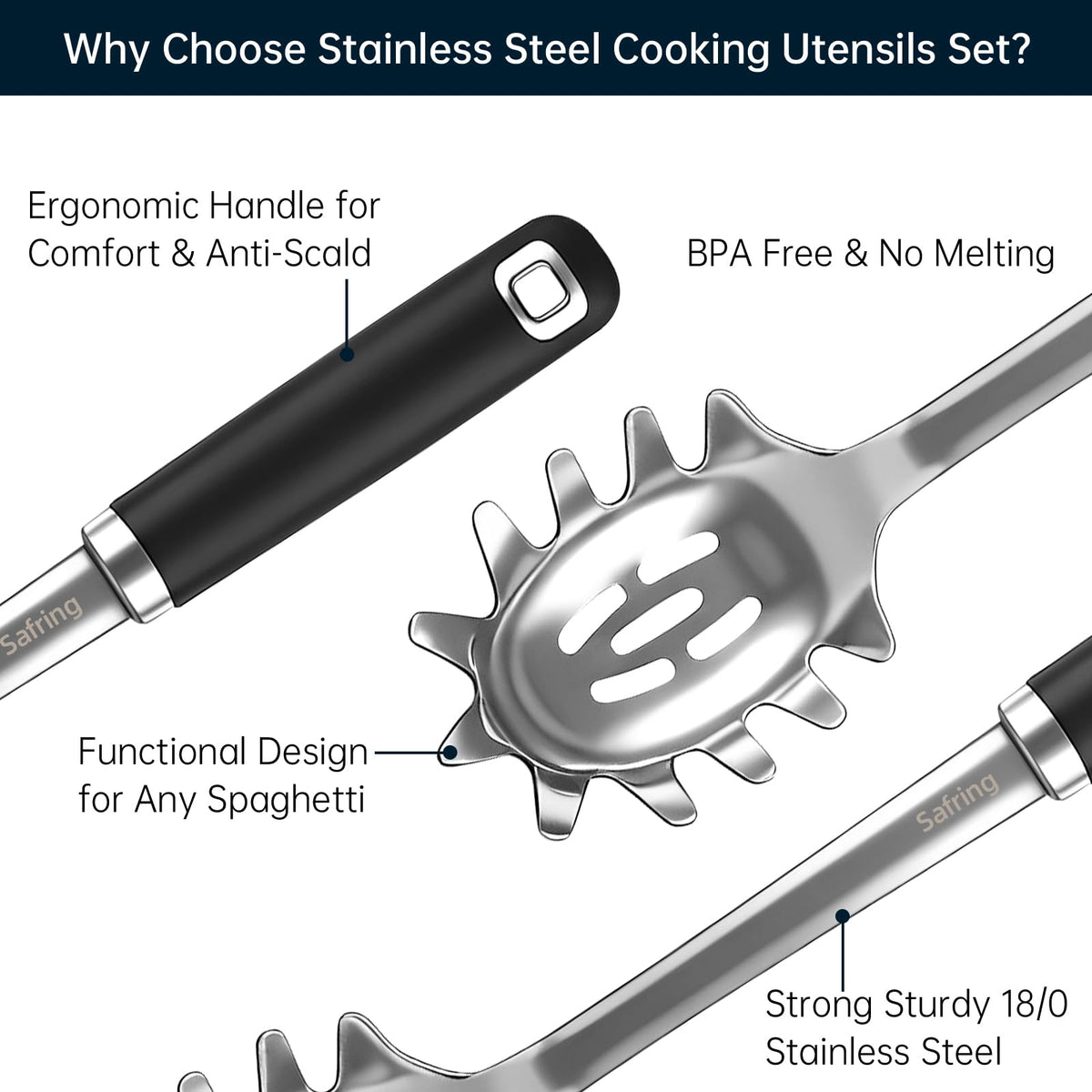 Safring utensil set on display showcasing durable steel and modern color