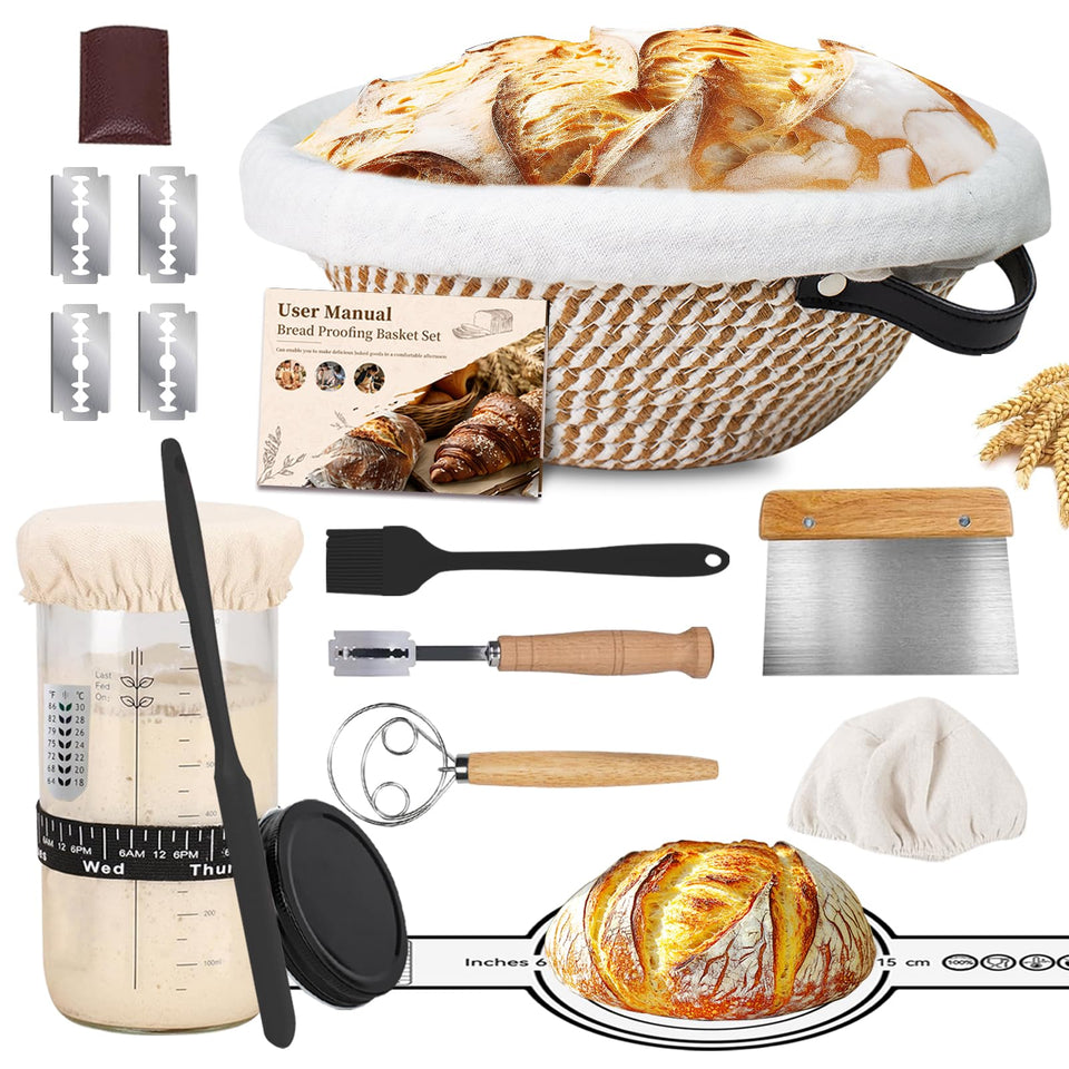 Saicefe sourdough starter kit with round banneton for even proofing.