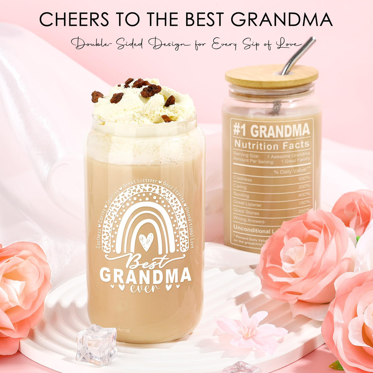 Saineron grandma 16oz glass cup features durable glass with a playful Best Grandma Ever print.