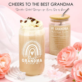 Saineron grandma 16oz glass cup features durable glass with a playful Best Grandma Ever print.