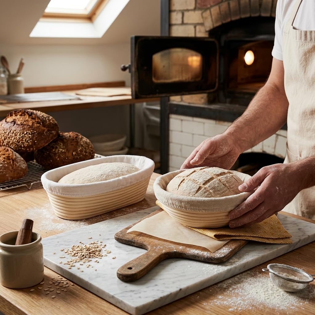 Saint Germain Bakery home baking setup with two baskets ready for use.