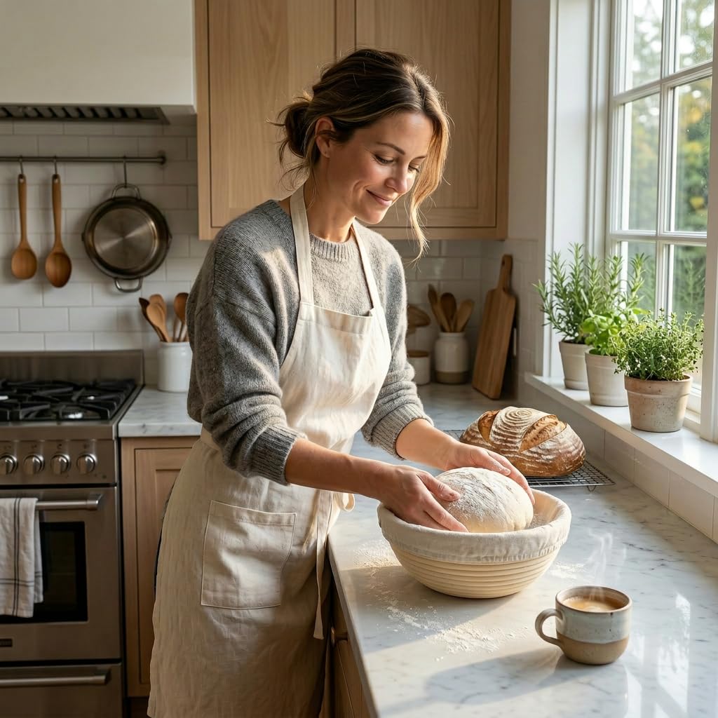 Saint Germain Bakery nine-inch round basket shown with flour dusting for proofing.