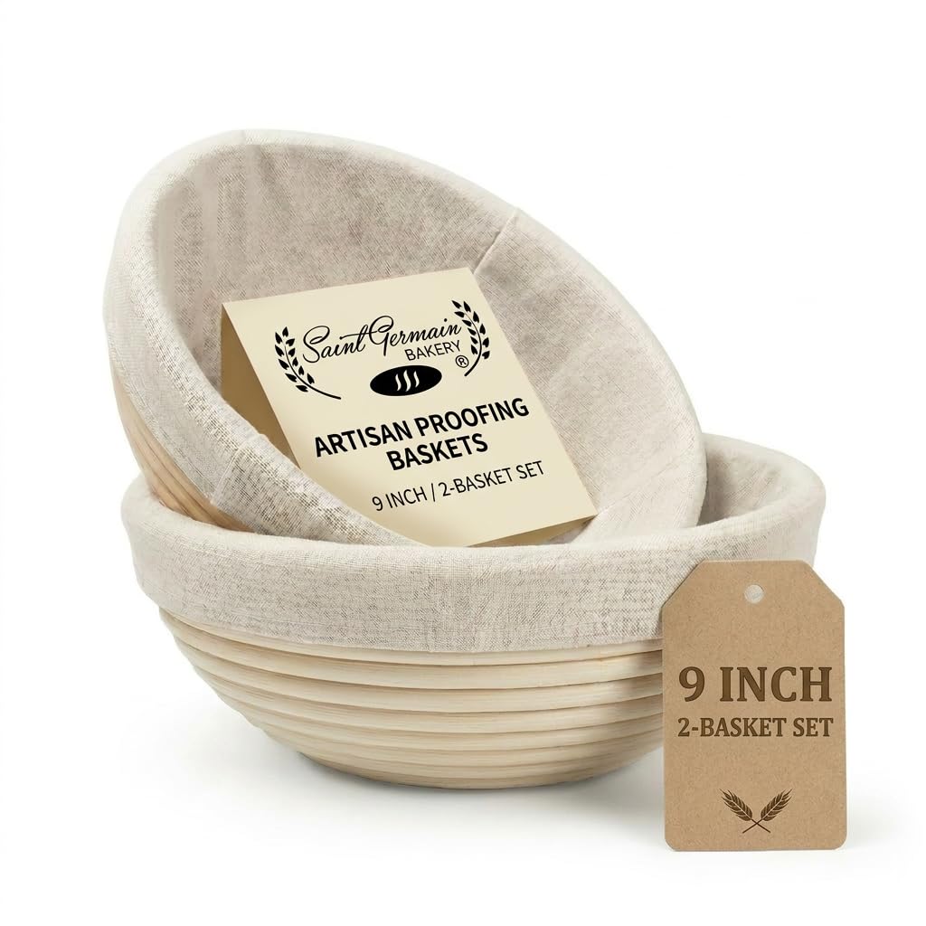 Saint Germain Bakery premium round banneton set two 9-inch, front view for even loaf shaping.
