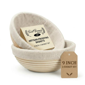 Saint Germain Bakery premium round banneton set two 9-inch, front view for even loaf shaping.