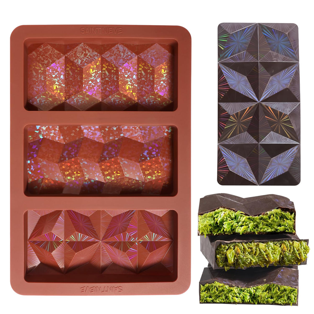 SAINT NIEVE holographic bar mold with color-shifting shine for chic chocolates