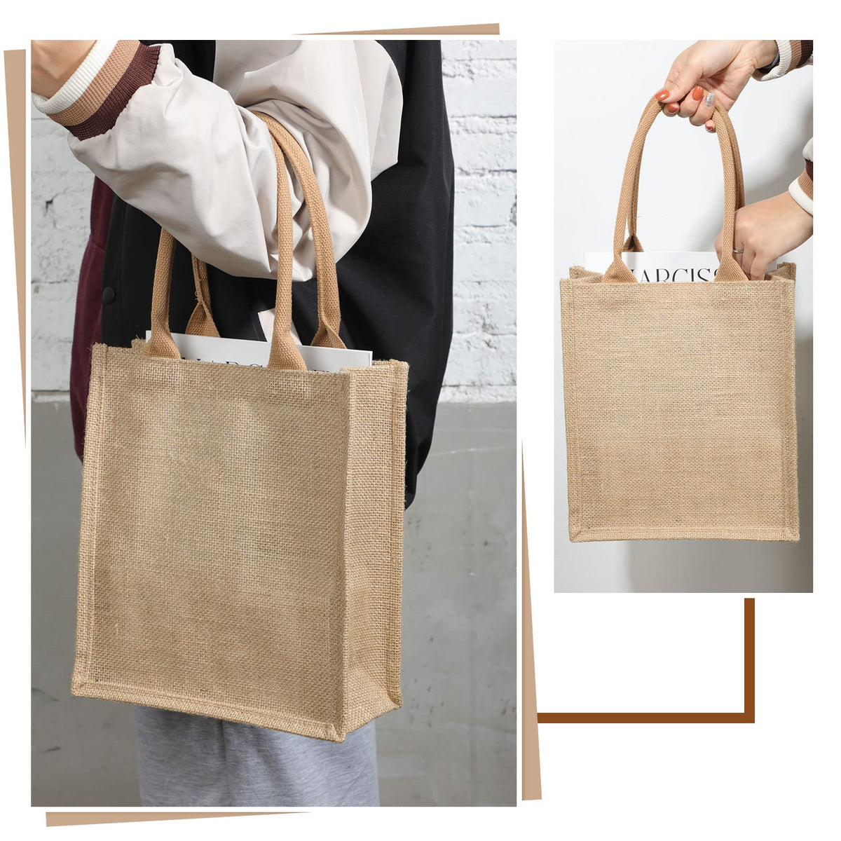 Saintrygo burlap tote with inner coating resists moisture to protect contents.