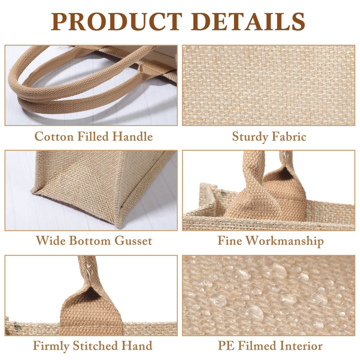 Saintrygo reinforced stitching on burlap tote enhances durability for events.