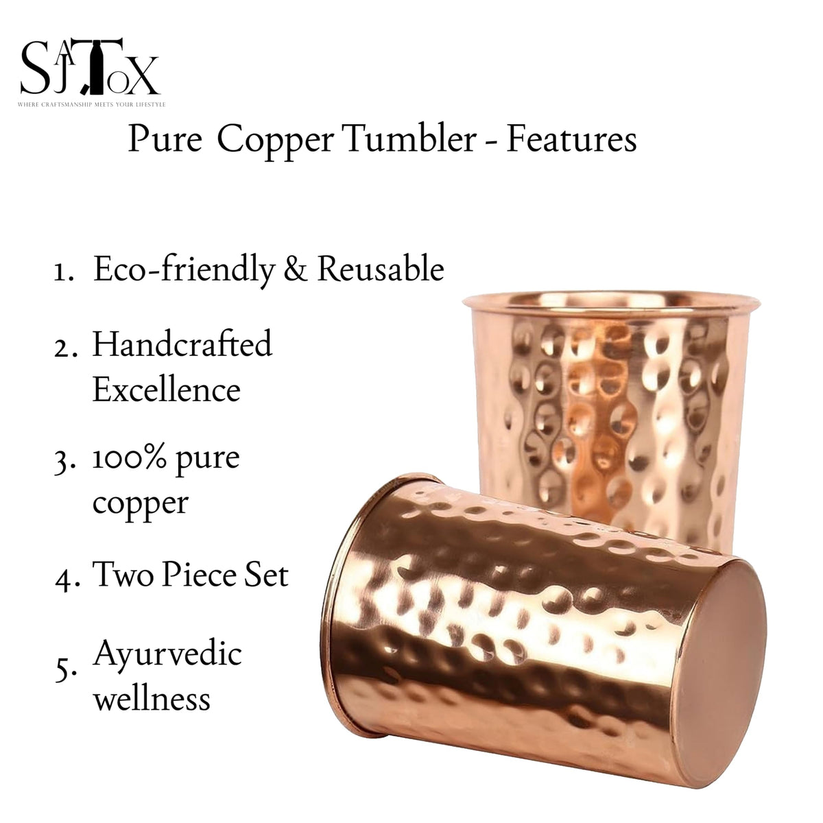 SAJTOX copper tumblers side-by-side, showing durable hammered texture and ergonomic grip.