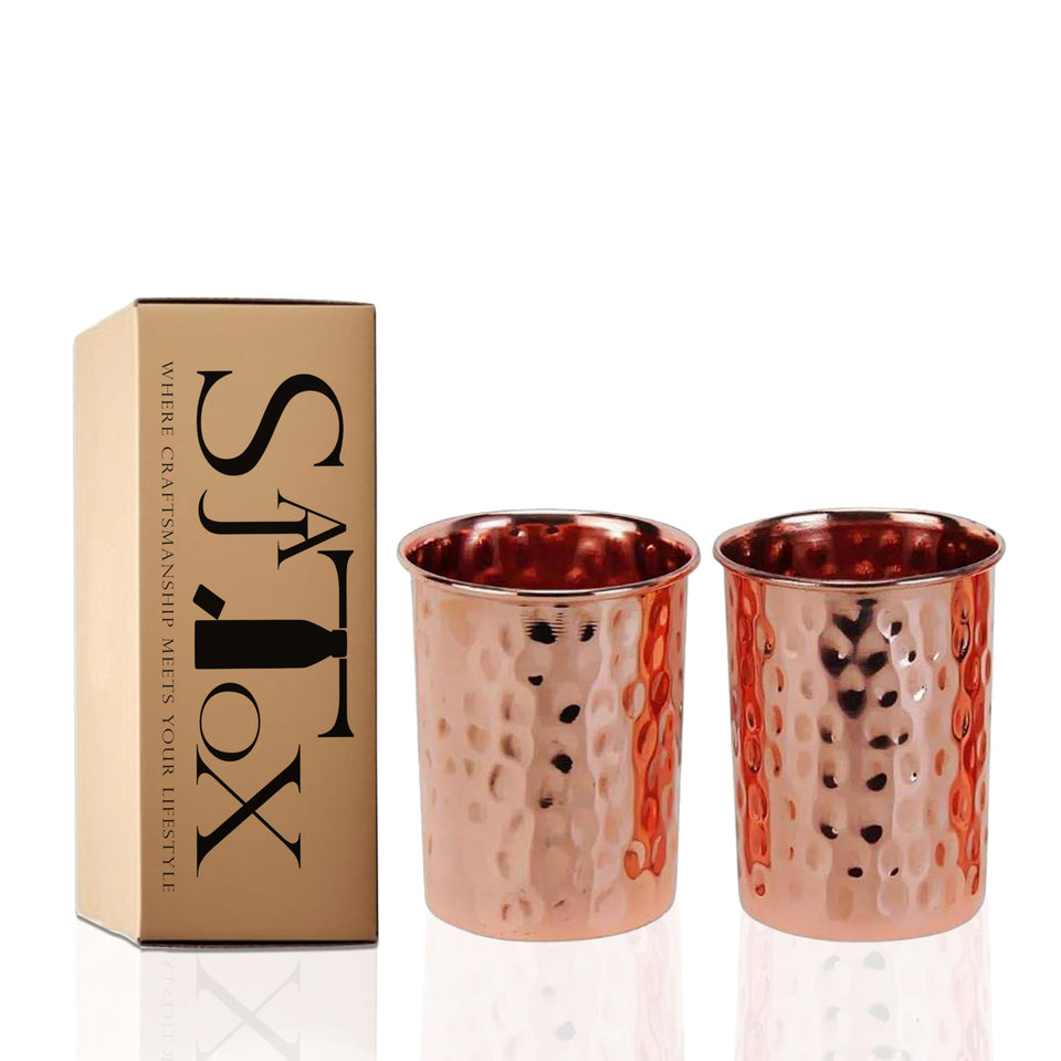SAJTOX pure copper tumblers, two-piece hammered set, ideal for elegant daily hydration.
