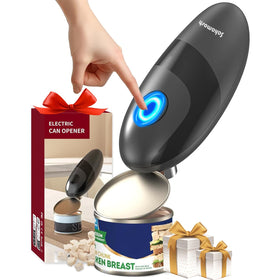 SAKAMOSH electric can opener showing smooth edge cut for safe handling