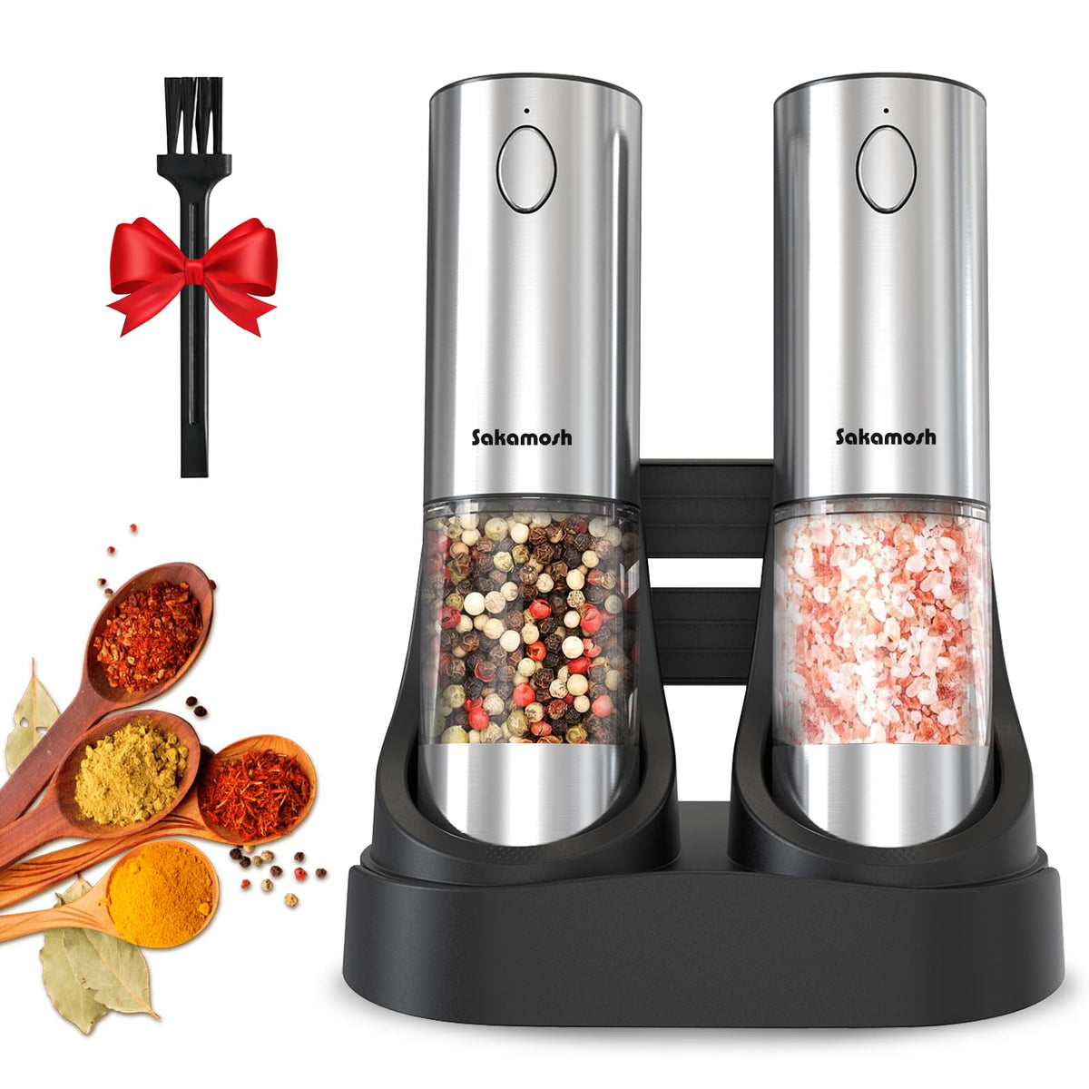 SAKAMOSH electric grinder set front view for stylish seasoning on demand