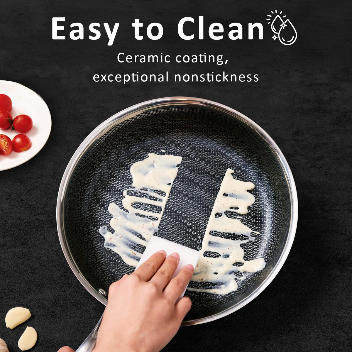 SAKAMOSH tri-ply nonstick frying pan highlights fast heating and reliable release