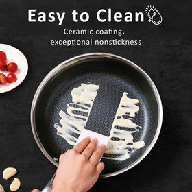SAKAMOSH tri-ply nonstick frying pan highlights fast heating and reliable release