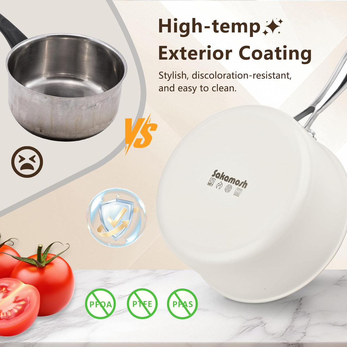 SAKAMOSH induction-ready tri-ply saucepan for versatile stovetop cooking.