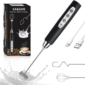 Sakgos Milk Frother with 3 whisk heads for versatile beverage foam at home.