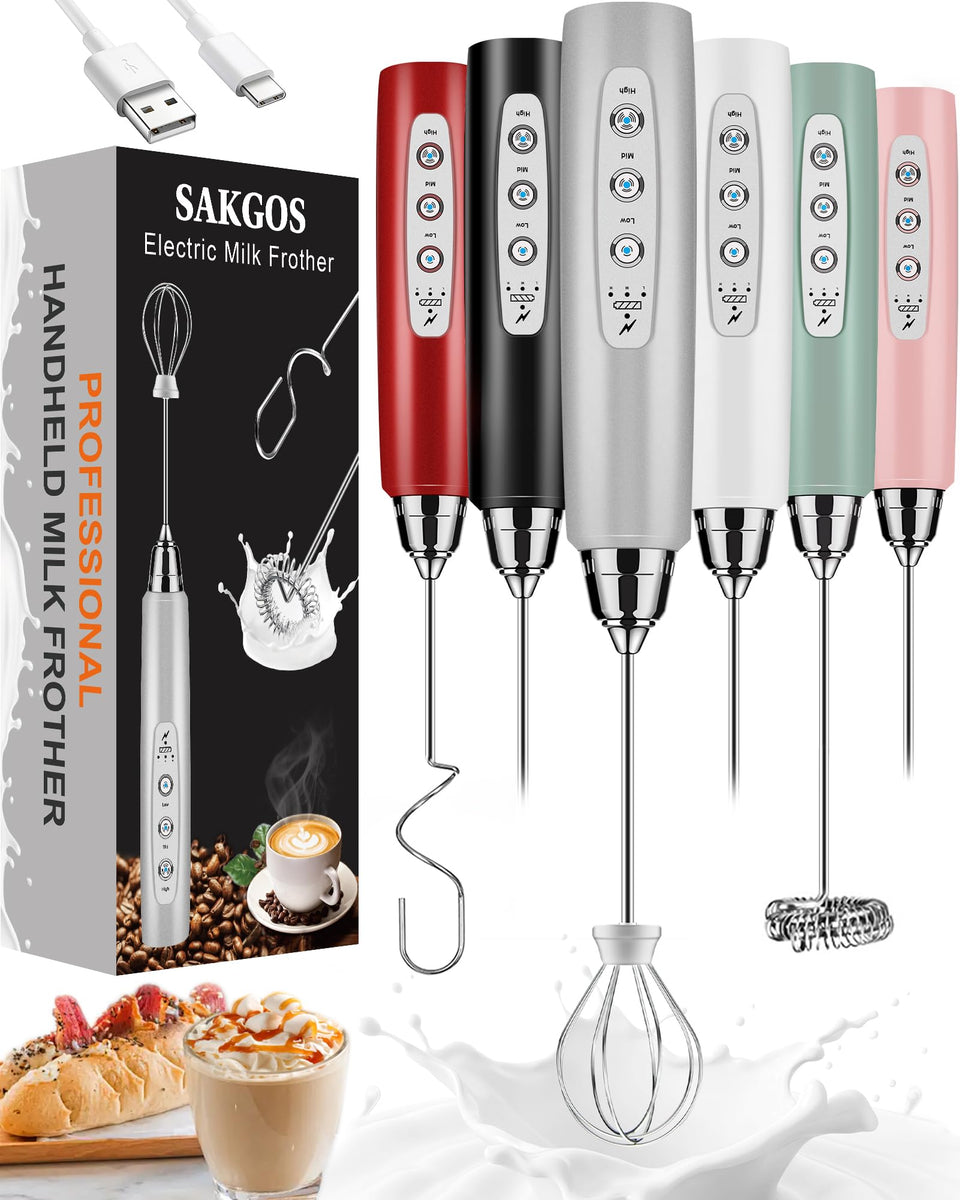 Sakgos milk frother rechargeable handle for quick, at home frothing.