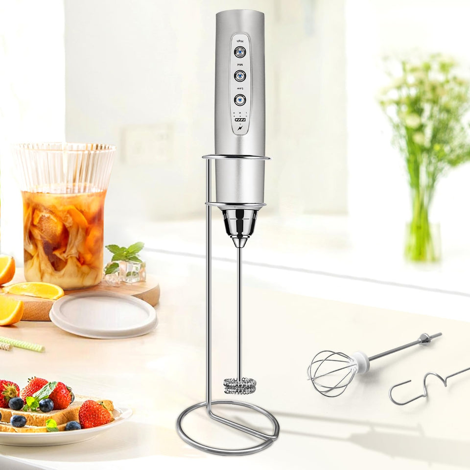 Sakgos milk frother with stand on kitchen counter for convenient foaming.