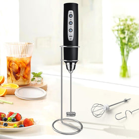 Sakgos milk frother with stand for convenient at-hand milk foaming.