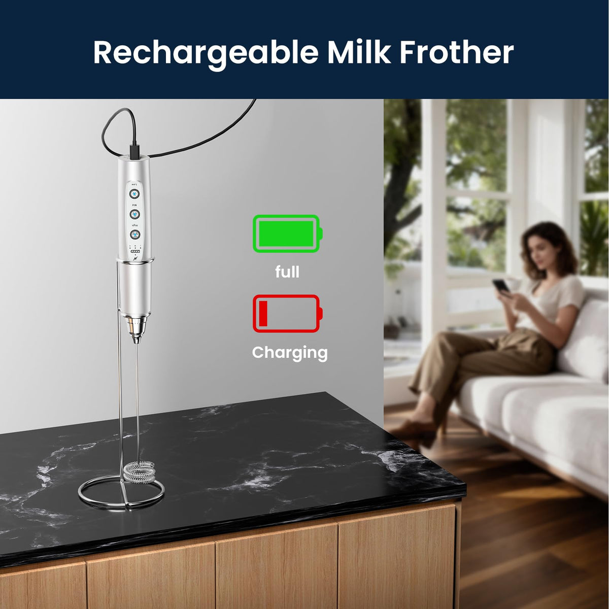 Sakgos stainless-steel stand keeps the frother tidy and within reach.