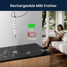 Sakgos stainless-steel stand keeps the frother tidy and within reach.