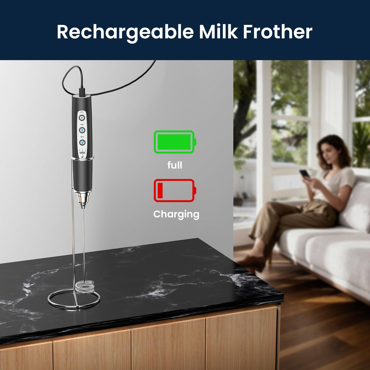 Sakgos three detachable stainless steel whisks for versatile foaming.