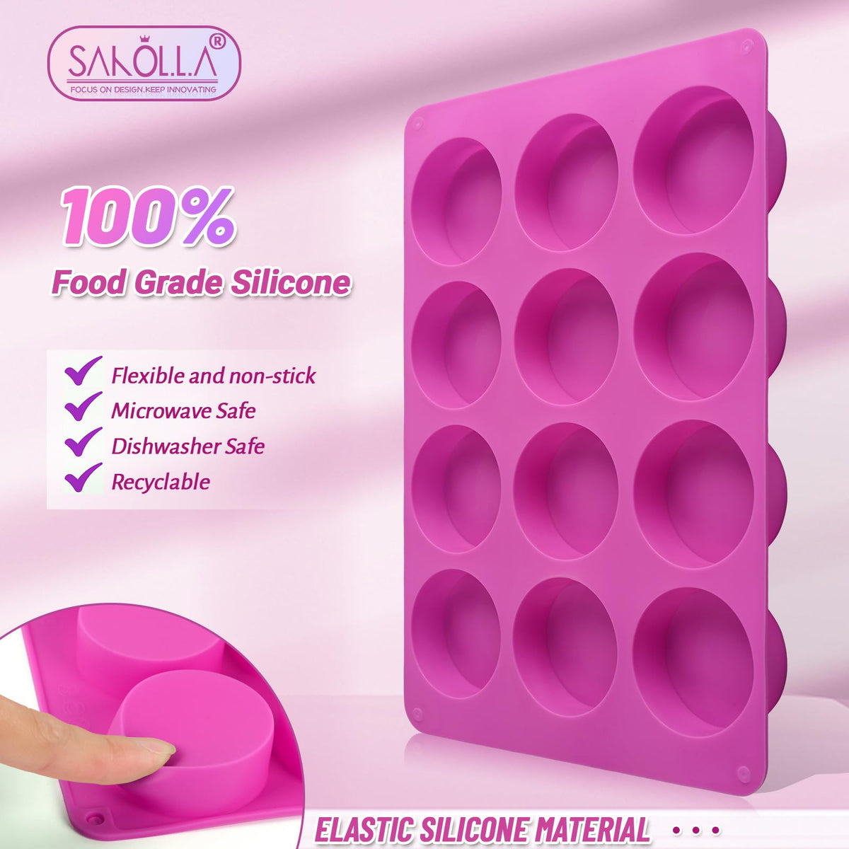 Sakolla rose-red round mold set showing uniform 12 cavities for desserts.