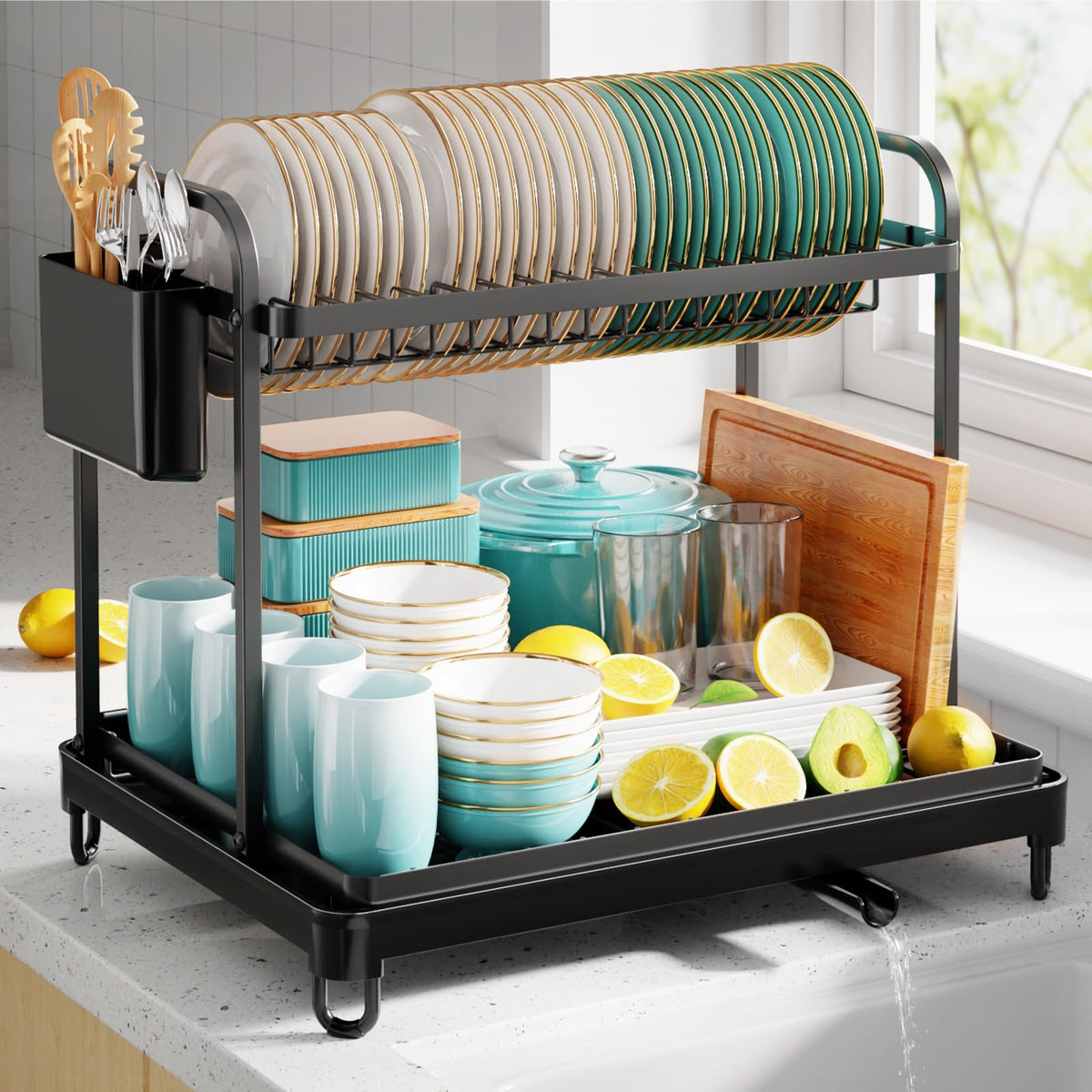 Sakugi 2-Tier Dish Drying Rack in black stainless steel for counter organization and drying.
