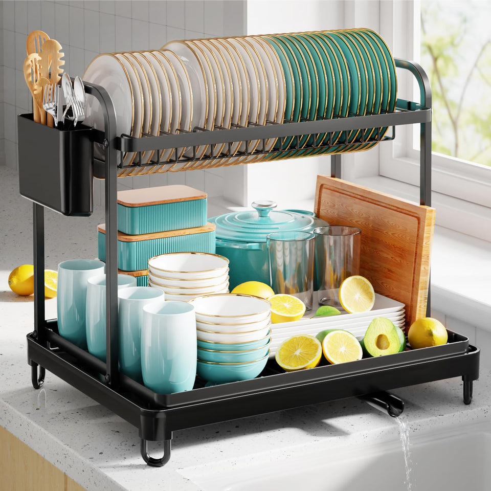 Sakugi 2-Tier Dish Drying Rack in black stainless steel for counter organization and drying.