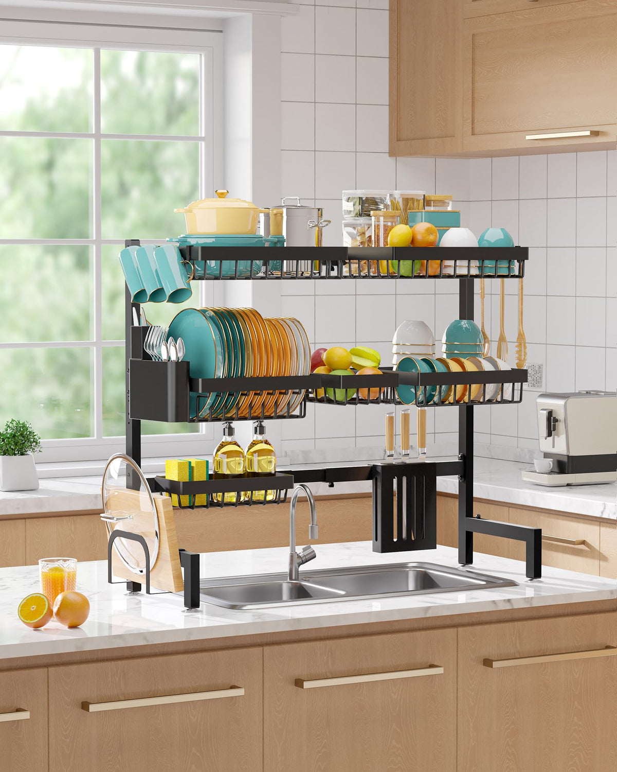 Sakugi over-sink design drains directly into sink, reducing countertop water.
