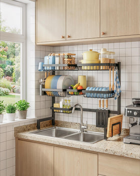 Sakugi black finish rack adds modern style to the kitchen.