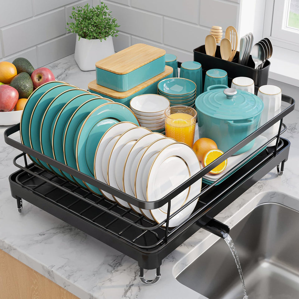 Sakugi dish drying rack on a compact kitchen counter keeps plates organized.