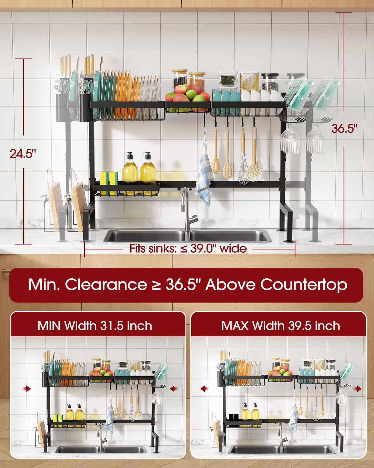 Sakugi over-sink rack demonstrates adjustable width for a secure sink fit.