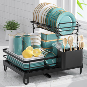 Sakugi dish drying rack full view on counter with two-tier design for organized drying