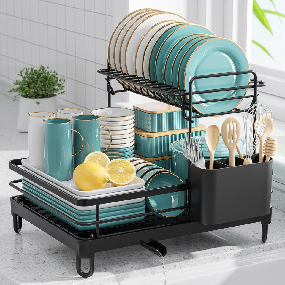 Sakugi dish drying rack full view on counter with two-tier design for organized drying