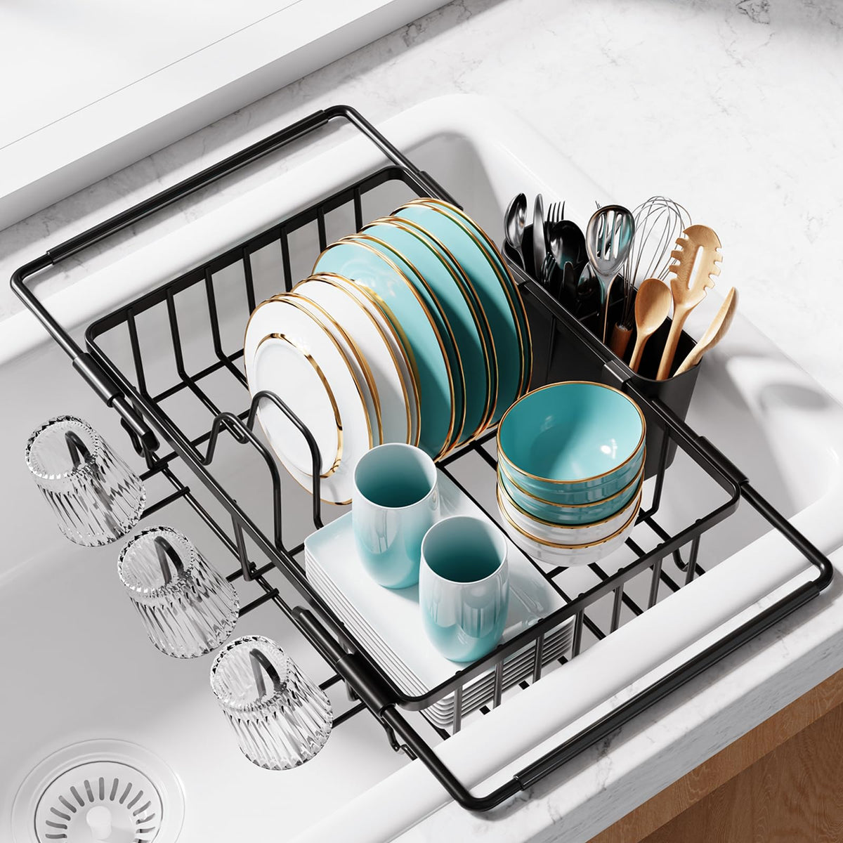 Sakugi dish drying rack over sink, space-saving for compact kitchens.