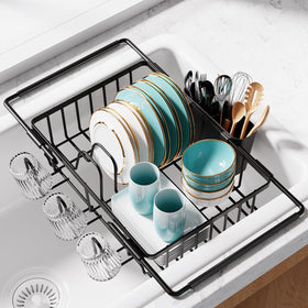 Sakugi dish drying rack over sink, space-saving for compact kitchens.