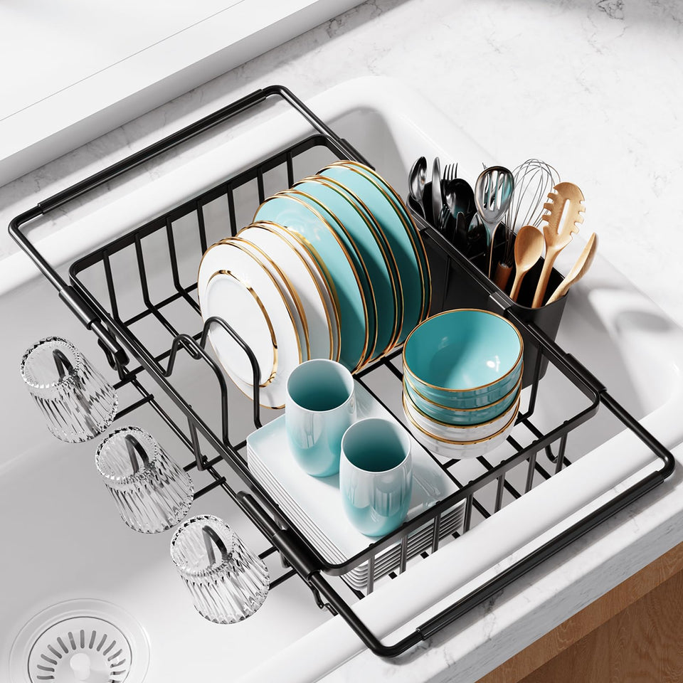 Sakugi dish drying rack over sink, space-saving for compact kitchens.