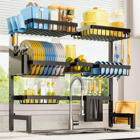 Sakugi dish drying rack over sink keeps counters dry and organized.