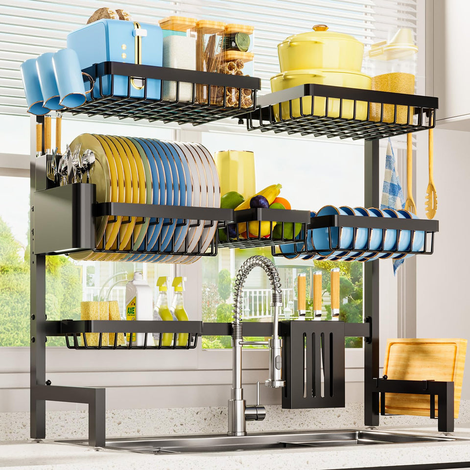 Sakugi dish drying rack over sink keeps counters dry and organized.