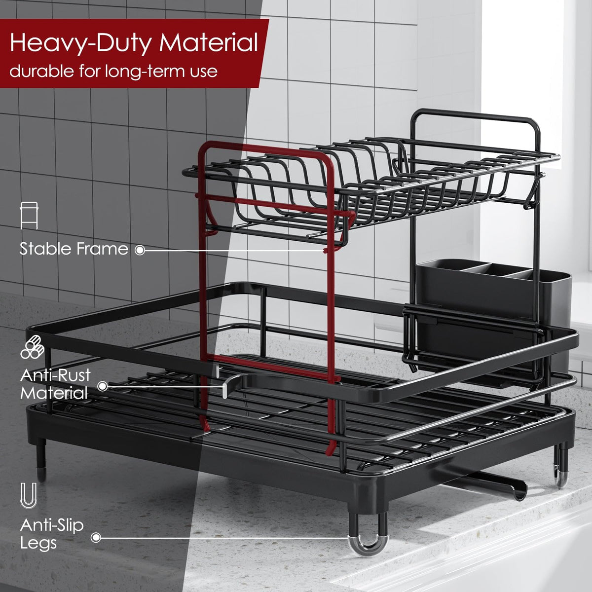 Sakugi dish drying rack removable cutlery holder keeps utensils sorted