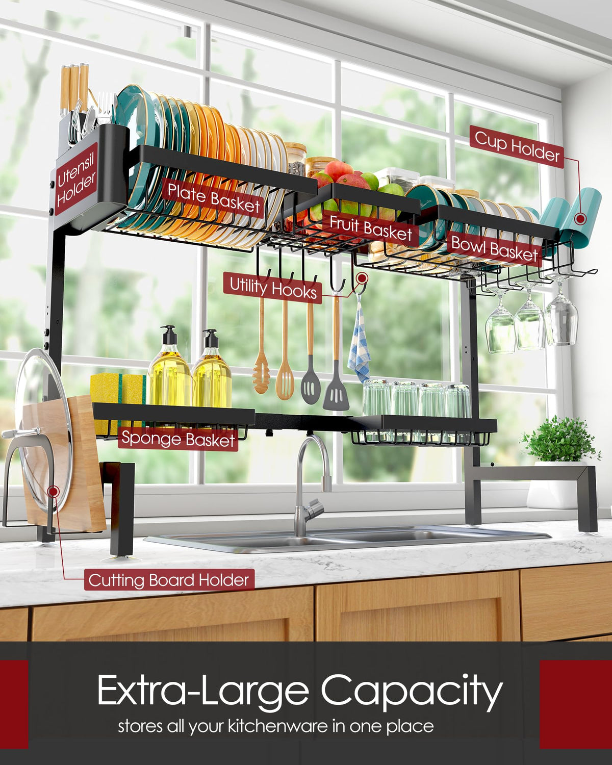 Sakugi dish drying rack side adjustment: adjustable width to fit most sinks and prevent countertop clutter