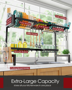 Sakugi dish drying rack side adjustment: adjustable width to fit most sinks and prevent countertop clutter