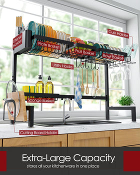 Sakugi dish drying rack with side utensil holders, keeps knives and cutlery organized.