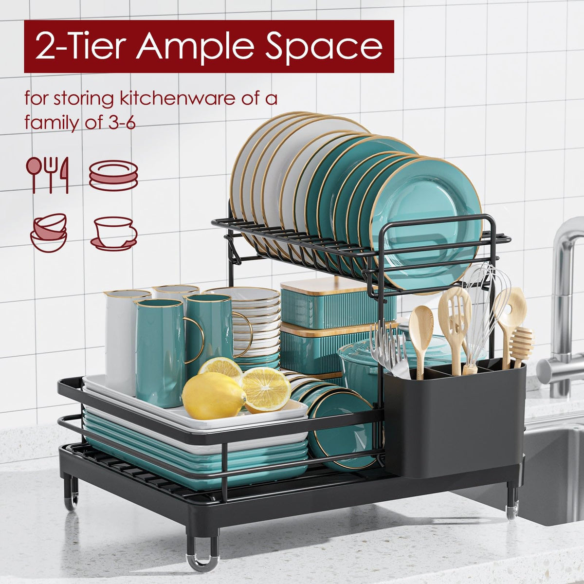 Sakugi dish drying rack top tier keeps plates neatly organized after washing